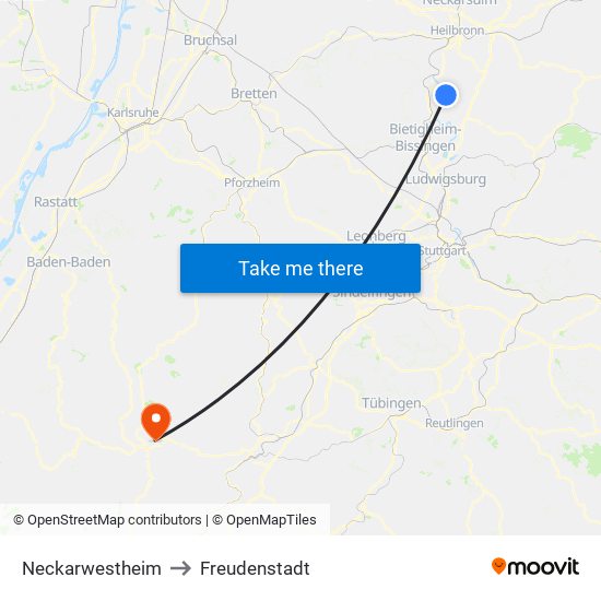 Neckarwestheim to Freudenstadt map