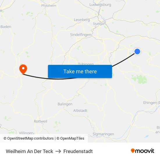 Weilheim An Der Teck to Freudenstadt map