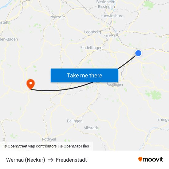 Wernau (Neckar) to Freudenstadt map