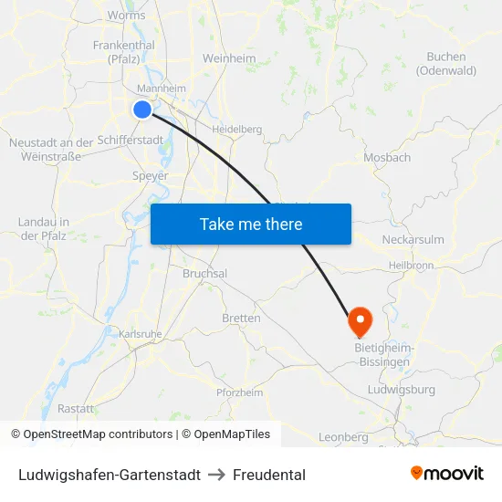 Ludwigshafen-Gartenstadt to Freudental map
