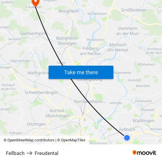 Fellbach to Freudental map