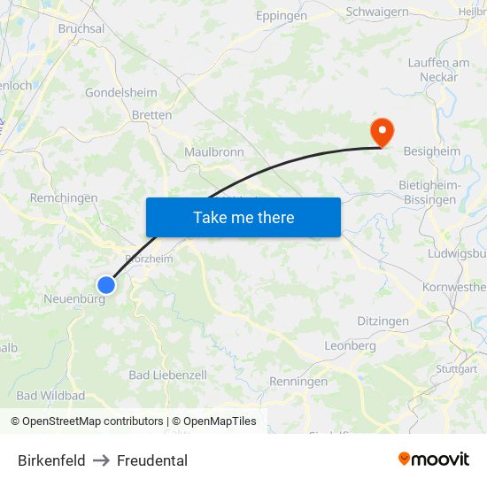 Birkenfeld to Freudental map