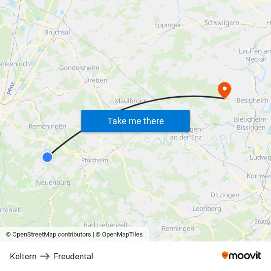 Keltern to Freudental map