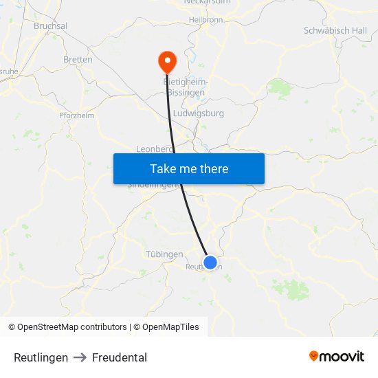 Reutlingen to Freudental map