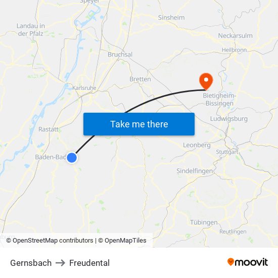 Gernsbach to Freudental map