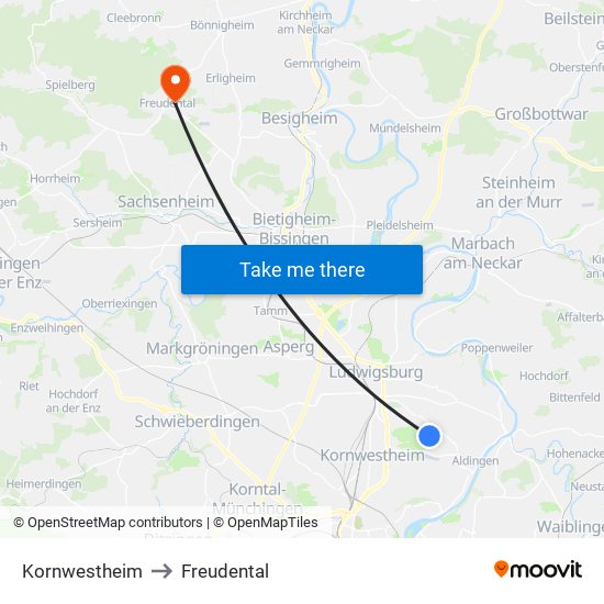 Kornwestheim to Freudental map