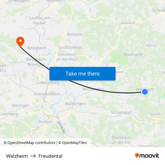 Welzheim to Freudental map