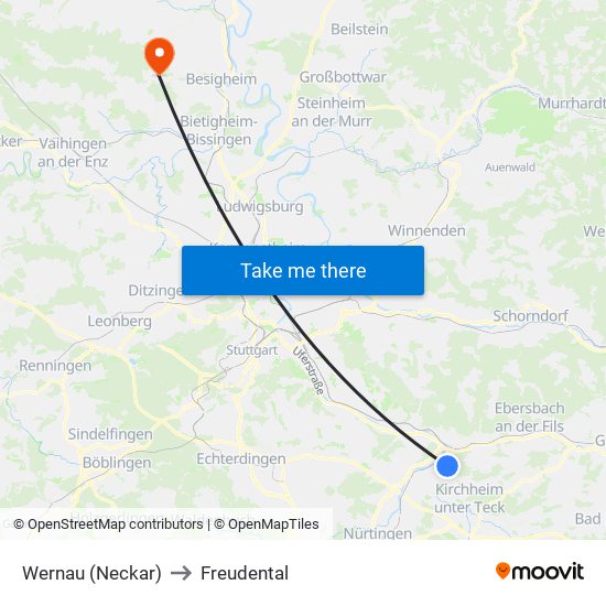 Wernau (Neckar) to Freudental map