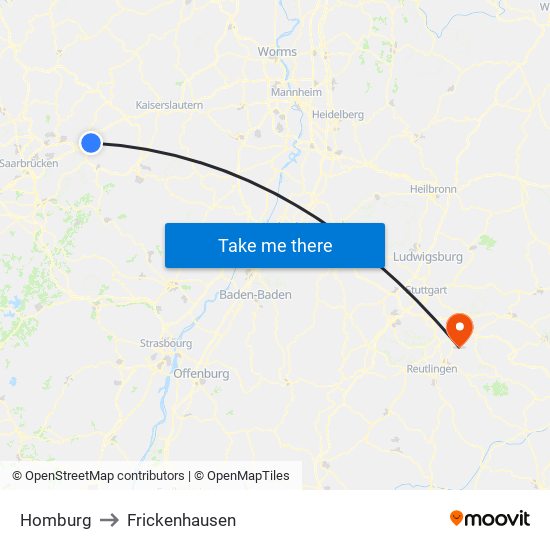 Homburg to Frickenhausen map