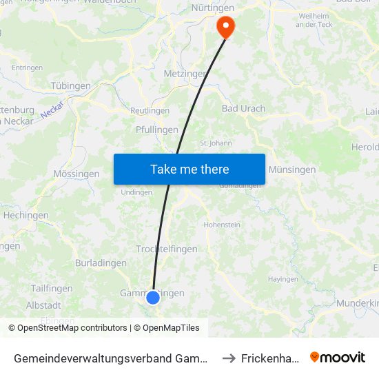 Gemeindeverwaltungsverband Gammertingen to Frickenhausen map