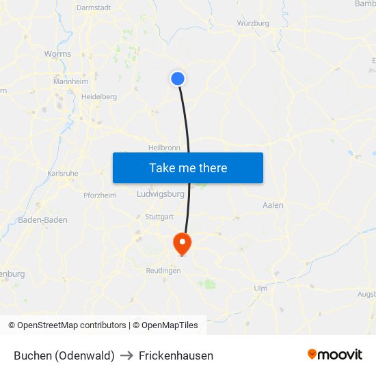 Buchen (Odenwald) to Frickenhausen map