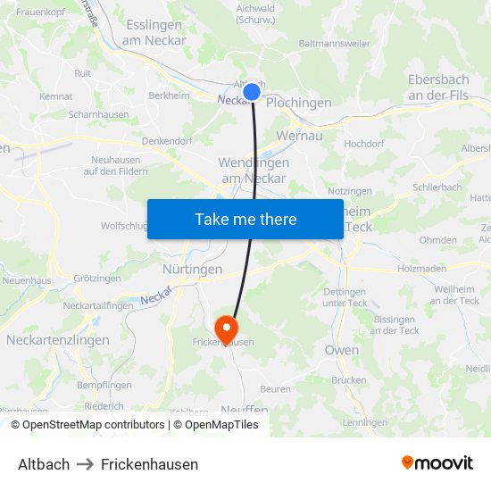 Altbach to Frickenhausen map