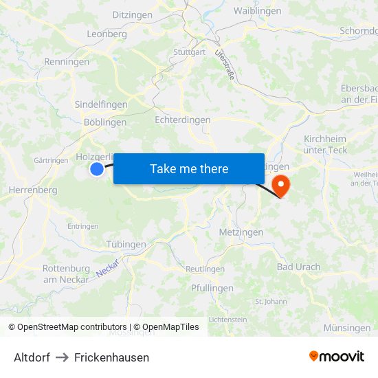 Altdorf to Frickenhausen map