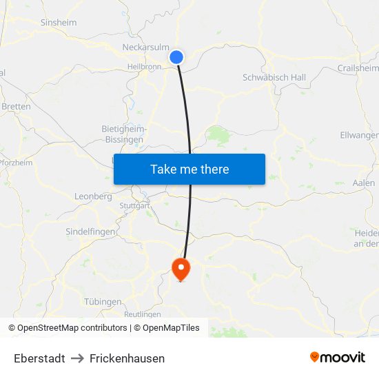 Eberstadt to Frickenhausen map