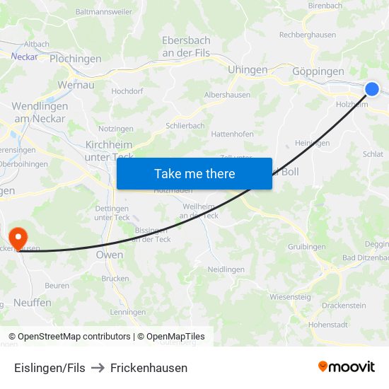 Eislingen/Fils to Frickenhausen map