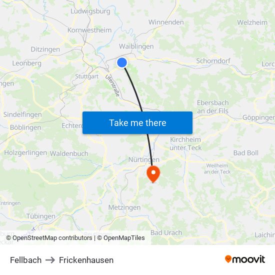 Fellbach to Frickenhausen map