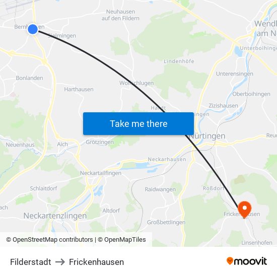 Filderstadt to Frickenhausen map