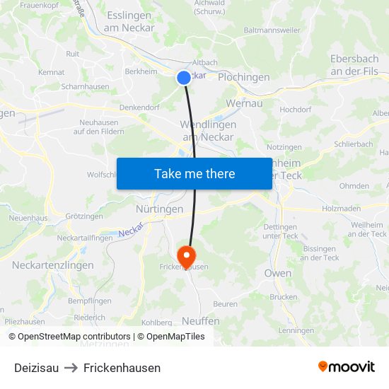 Deizisau to Frickenhausen map