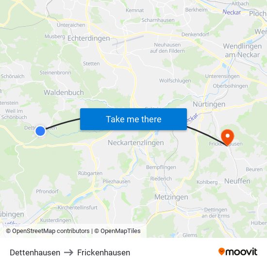 Dettenhausen to Frickenhausen map