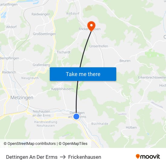 Dettingen An Der Erms to Frickenhausen map