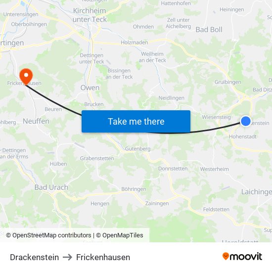 Drackenstein to Frickenhausen map