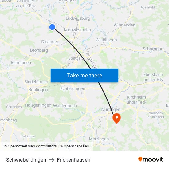 Schwieberdingen to Frickenhausen map