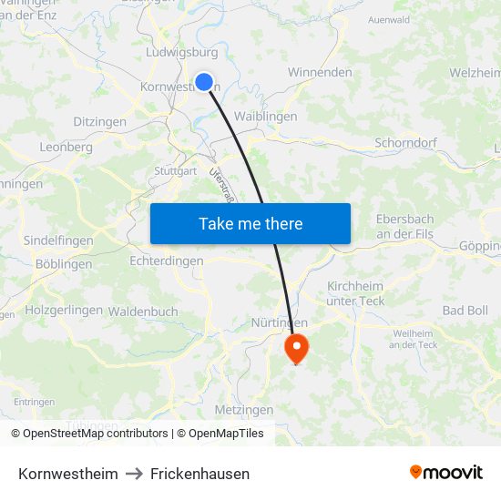 Kornwestheim to Frickenhausen map