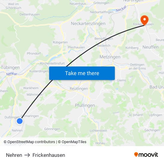 Nehren to Frickenhausen map
