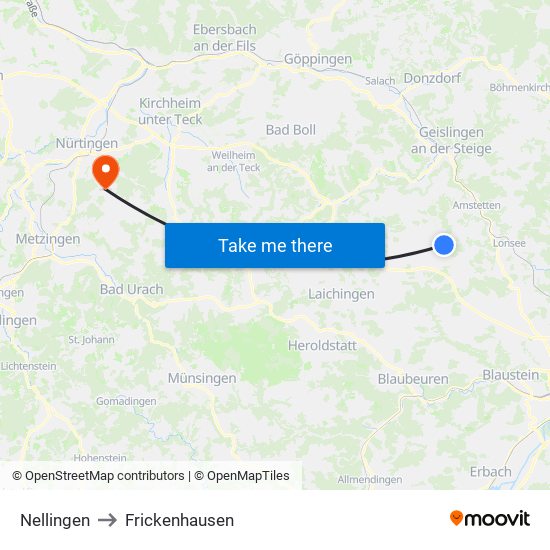 Nellingen to Frickenhausen map