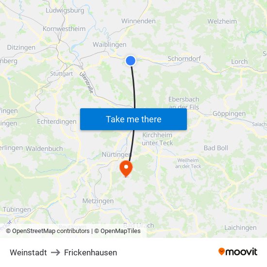 Weinstadt to Frickenhausen map