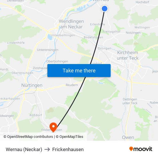 Wernau (Neckar) to Frickenhausen map