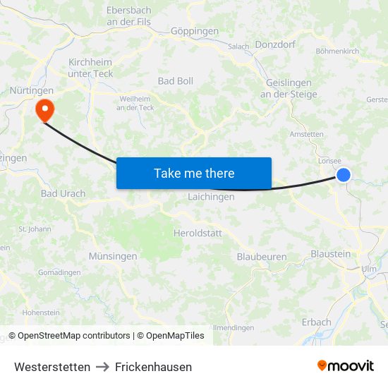 Westerstetten to Frickenhausen map