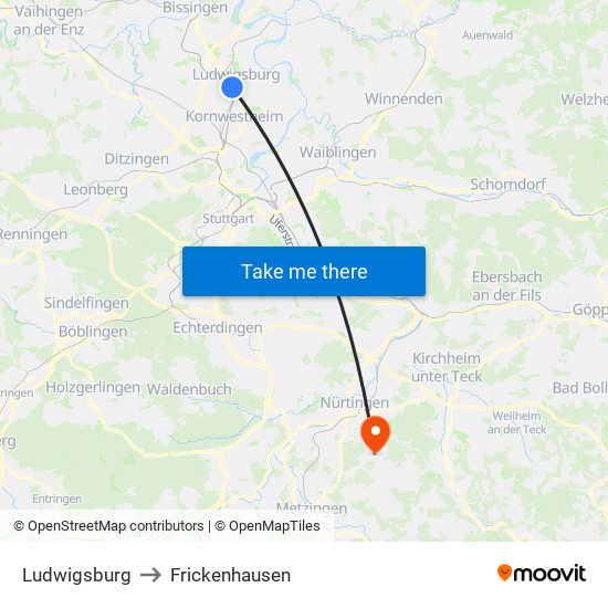 Ludwigsburg to Frickenhausen map