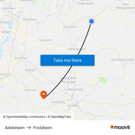 Adelsheim to Friolzheim map