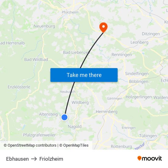 Ebhausen to Friolzheim map