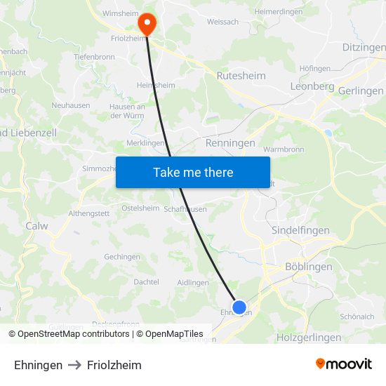 Ehningen to Friolzheim map