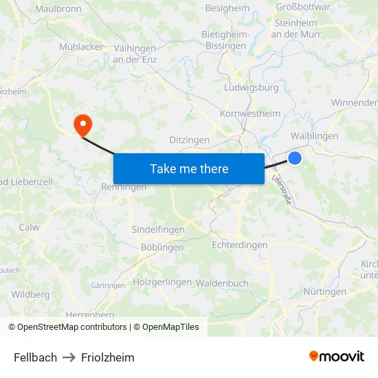 Fellbach to Friolzheim map