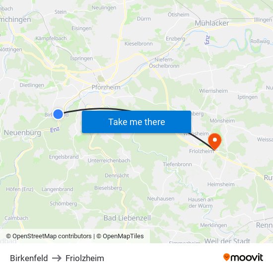 Birkenfeld to Friolzheim map