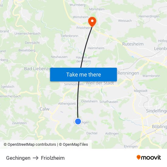 Gechingen to Friolzheim map