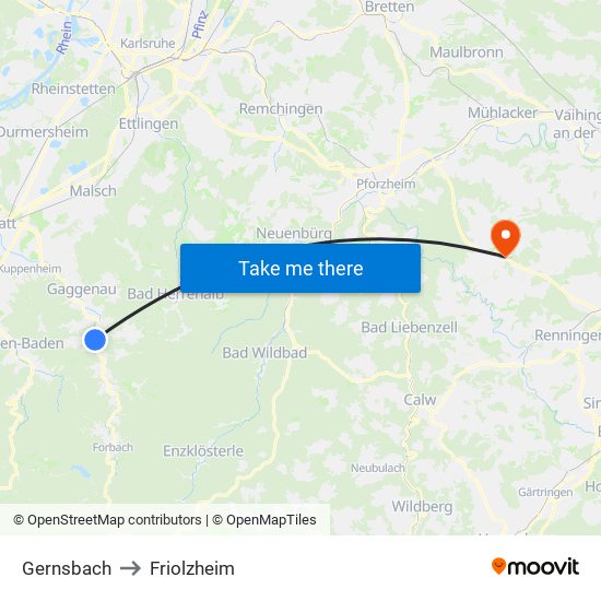 Gernsbach to Friolzheim map