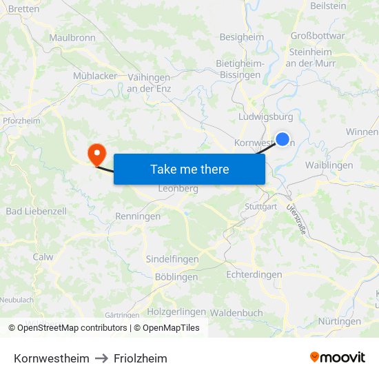 Kornwestheim to Friolzheim map