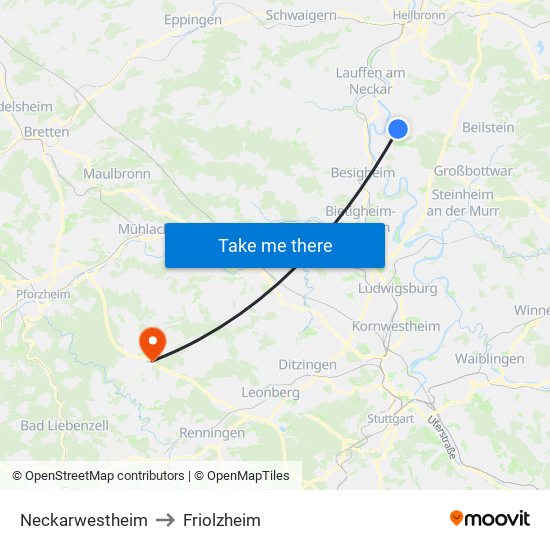 Neckarwestheim to Friolzheim map