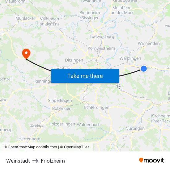 Weinstadt to Friolzheim map