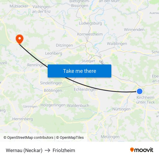 Wernau (Neckar) to Friolzheim map