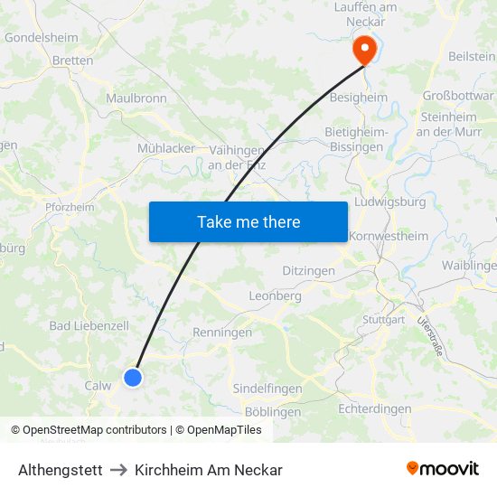 Althengstett to Kirchheim Am Neckar map