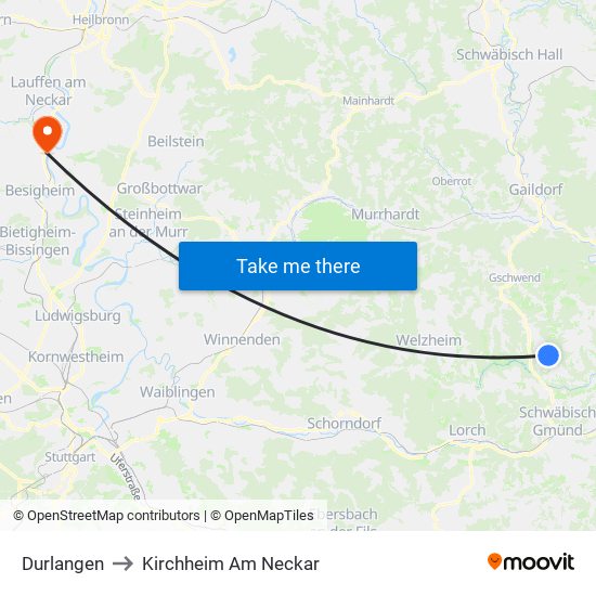 Durlangen to Kirchheim Am Neckar map