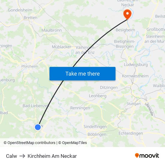 Calw to Kirchheim Am Neckar map