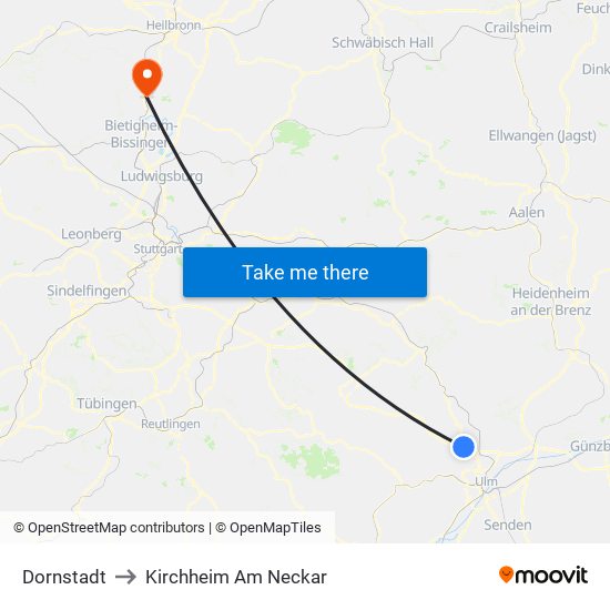 Dornstadt to Kirchheim Am Neckar map