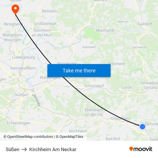 Süßen to Kirchheim Am Neckar map