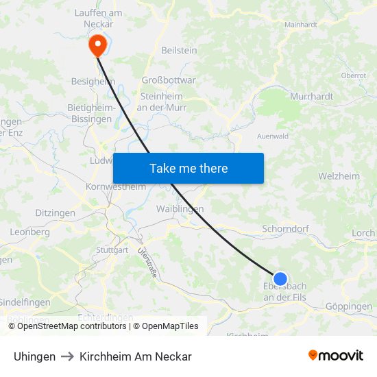 Uhingen to Kirchheim Am Neckar map